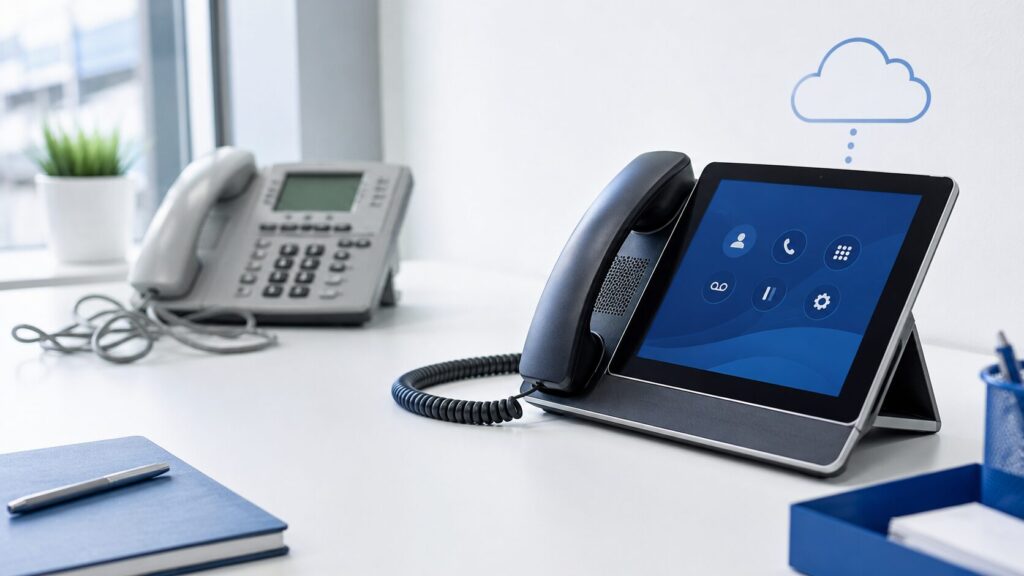Modernes VoIP-Tischtelefon mit Touch-Display neben einem alten grauen ISDN-Telefon mit verheddertem Kabel auf einem aufgeräumten Büroschreibtisch – Symbol für den Umstieg von ISDN auf Cloud-Telefonie.