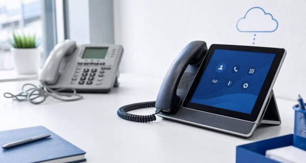 Modernes VoIP-Tischtelefon mit Touch-Display neben einem alten grauen ISDN-Telefon mit verheddertem Kabel auf einem aufgeräumten Büroschreibtisch – Symbol für den Umstieg von ISDN auf Cloud-Telefonie.